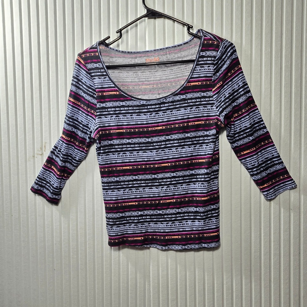 Mudd Girls XL Top Purple Pink Tribal Geometric Ribbed 3/4 Sleeve Scoop Neck